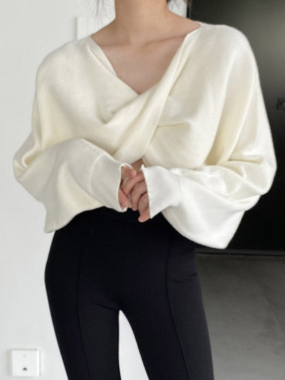 Batwing Sleeves Long Sleeves Knot Solid Color V-Neck Pullovers Sweater Tops