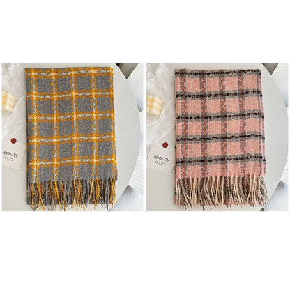 Imitated Cashmere Plaid Thickened Tassled Scarf