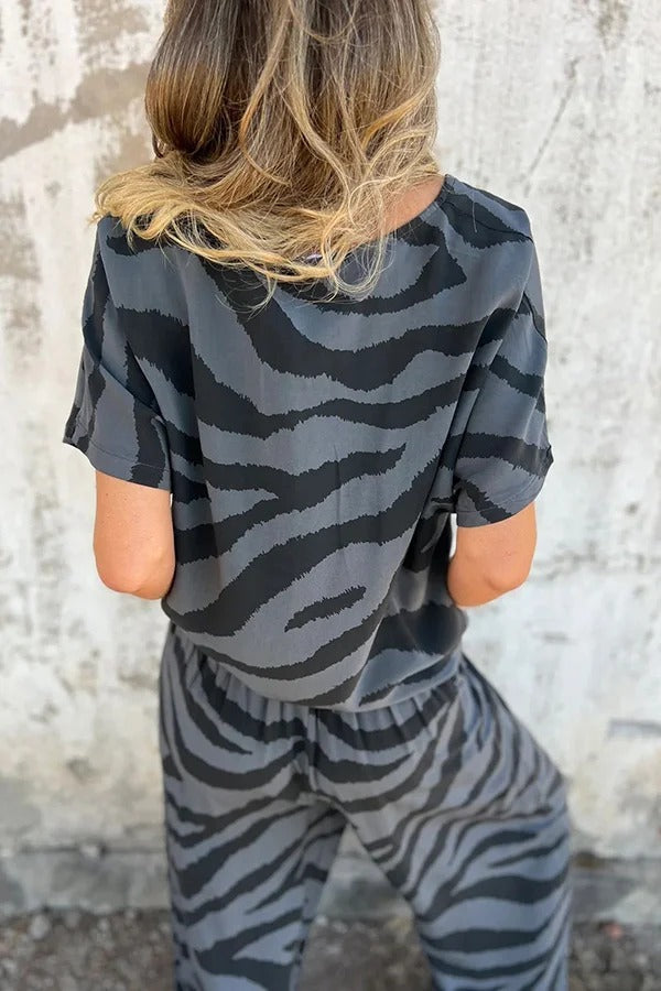 Zebra Print V-neck Short-sleeved Lace-up Top and Elastic Waist Pocket Straight-leg Pants Set