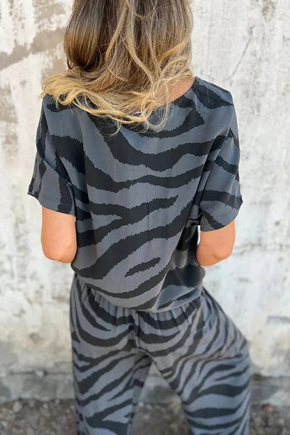 Zebra Print V-neck Short-sleeved Lace-up Top and Elastic Waist Pocket Straight-leg Pants Set