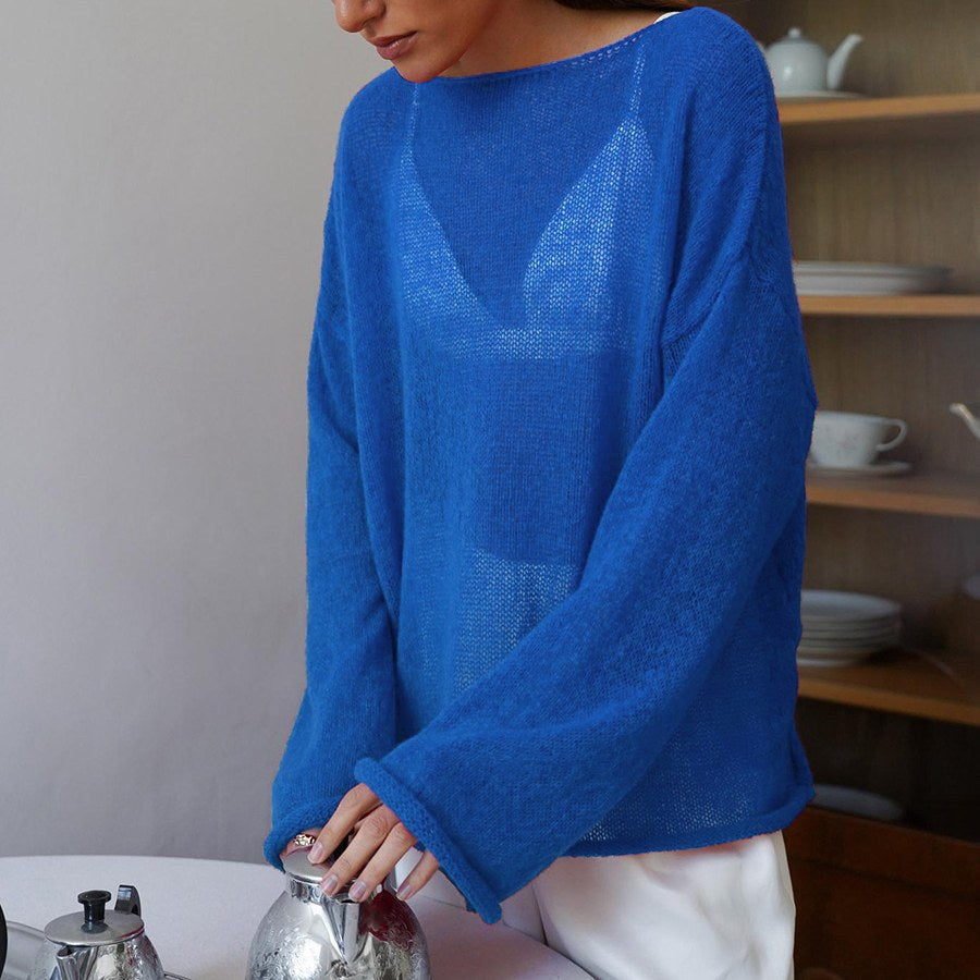 Solid Color See Through Flare Sleeves Knit Top