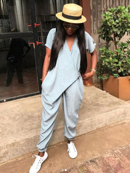 Short Sleeves V-Neck Solid Color Floral Jumpsuits