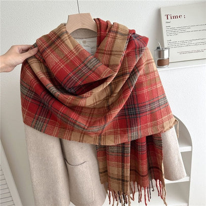 Color Block Plaid Fringe Scarf