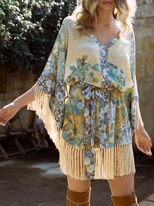 Bohemia V-Neck Printed Tasseled Beach Mini Dress
