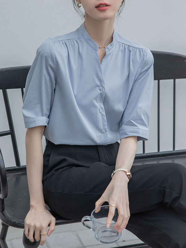 Half Sleeves Loose Buttoned Pleated Solid Color Split-Joint Stand Collar Blouses&Shirts Tops