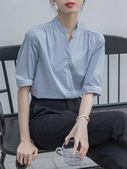 Half Sleeves Loose Buttoned Pleated Solid Color Split-Joint Stand Collar Blouses&Shirts Tops