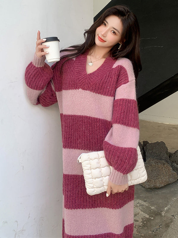 Stylish Loose Striped V-Neck Sweater Dresses