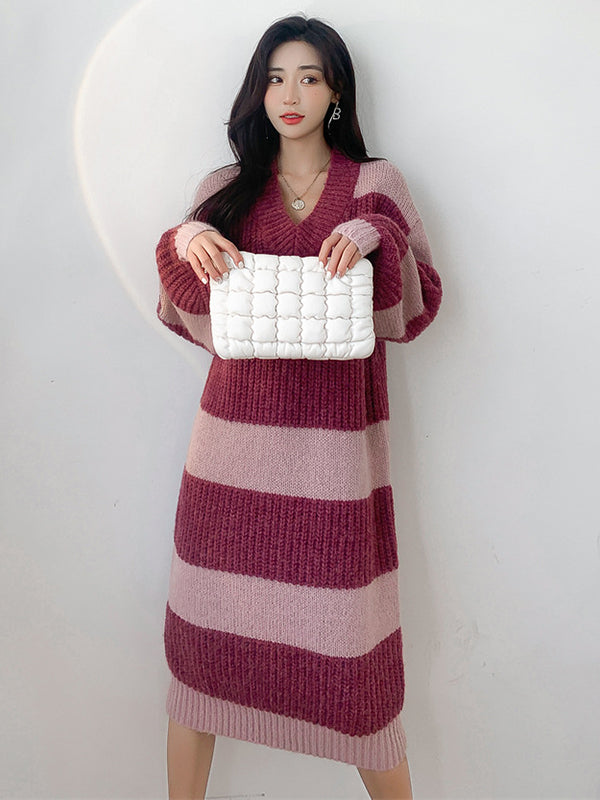 Stylish Loose Striped V-Neck Sweater Dresses