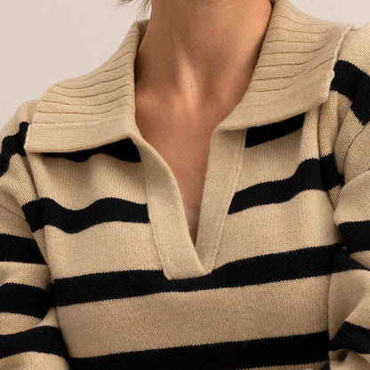 Winter Polo Collar Striped Knit Pullover Sweater