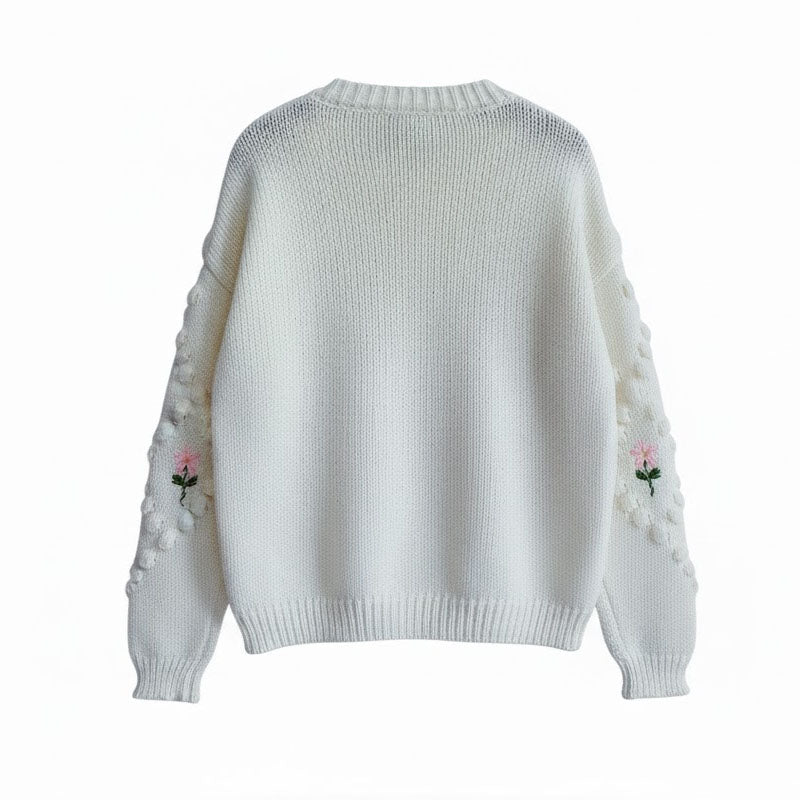 Floral Embroidery Crochet Pearl Button Knit Cardigan