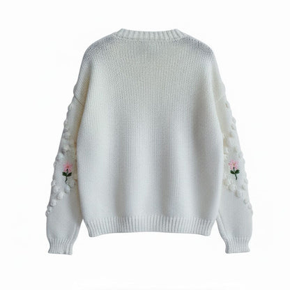 Floral Embroidery Crochet Pearl Button Knit Cardigan