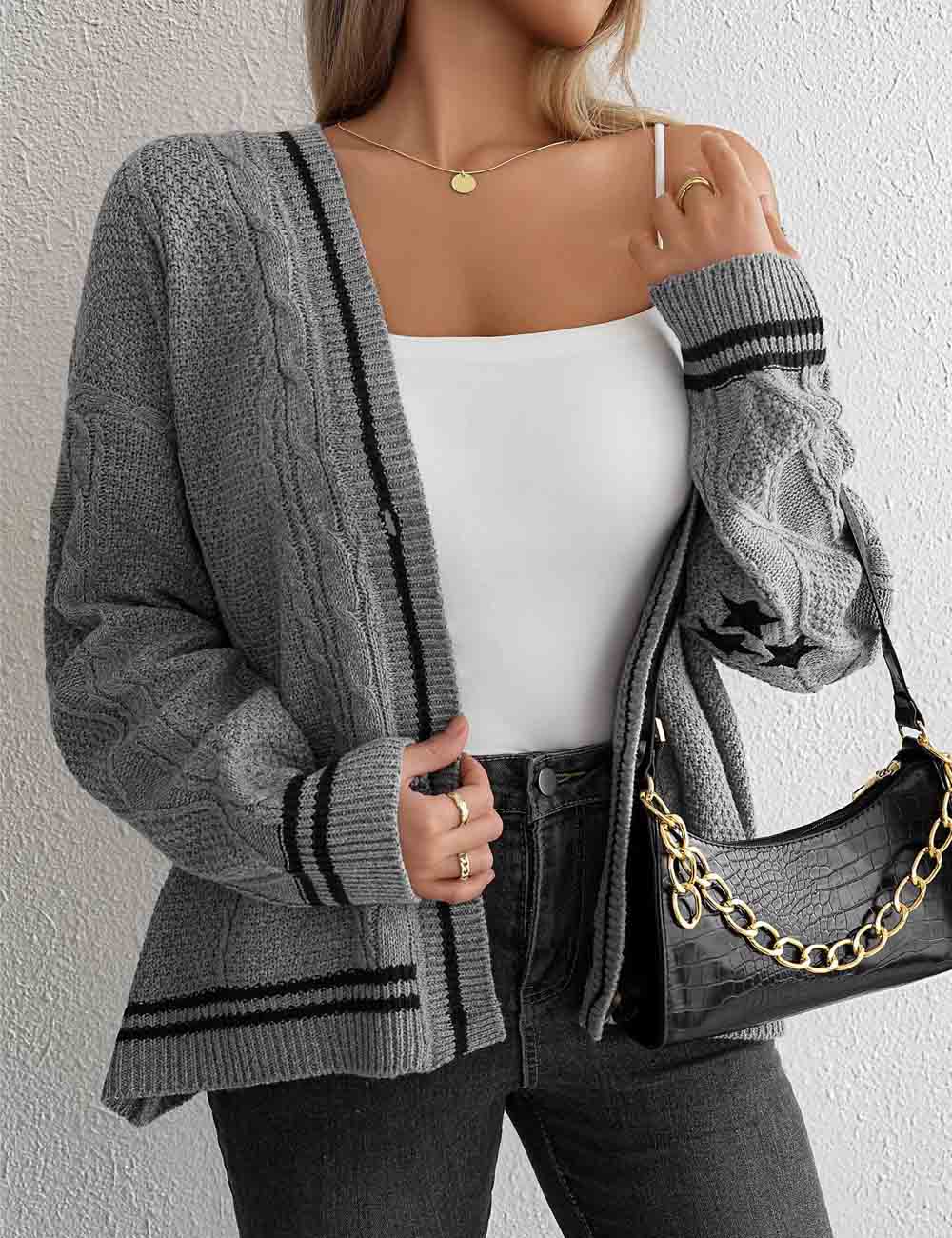 Star Embroidery Slouchy Loose Knit Cardigan