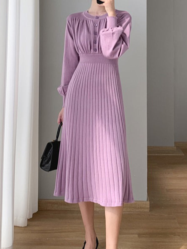 Solid Color Pleated A-Line High Waisted Round-Neck Sweater Dresses