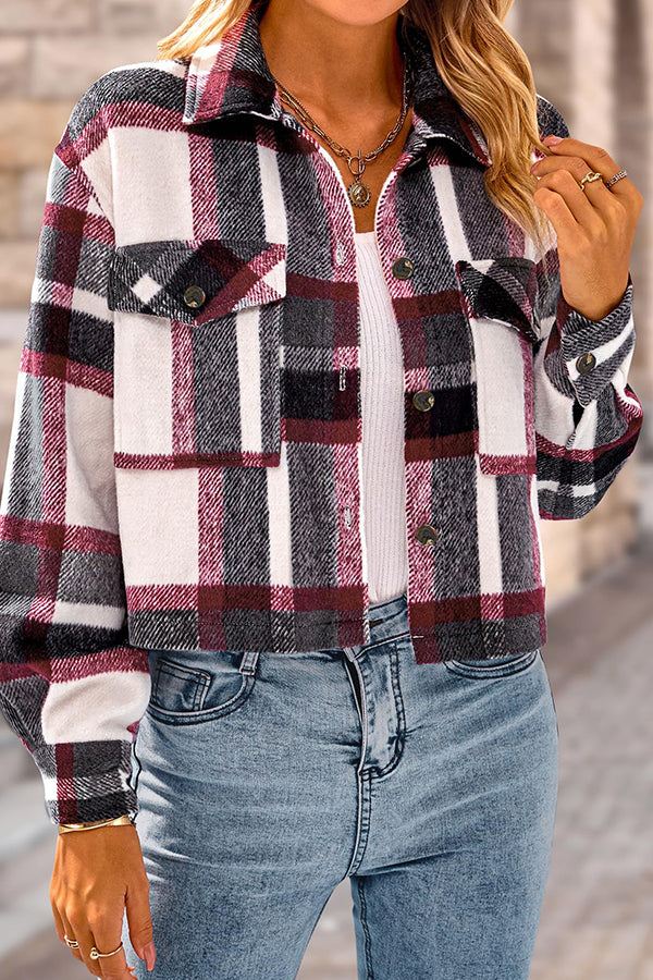 Lapel Pocket Fashion Casual Cropped Ladies Plaid Jacket