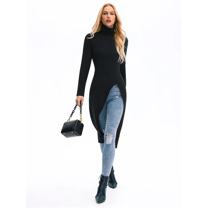 Skinny Solid Color Split-Side High-Neck T-Shirts Tops