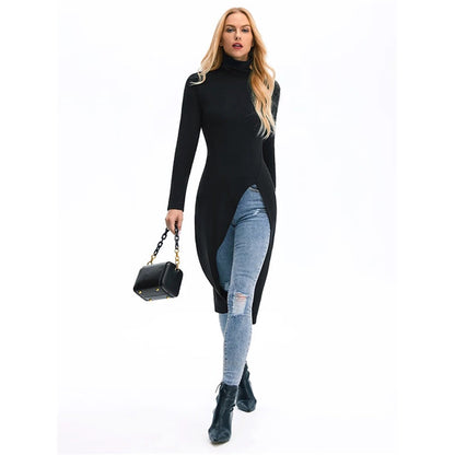 Skinny Solid Color Split-Side High-Neck T-Shirts Tops