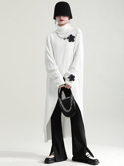Original High-Low Asymmetric Knitting Dress High-Neck Sweater Dress