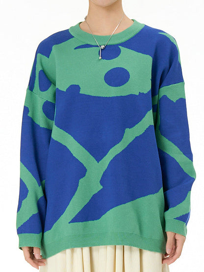 Long Sleeves Loose Contrast Color Velvet Round-Neck Pullovers Sweater Tops