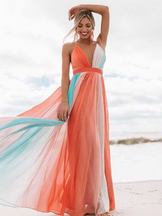 Suspenders Sexy Deep V Rainbow Mesh Slip Dress