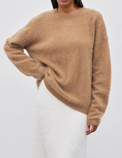 Winter Fuzzy Crew Neck Solid Color Knit Sweater