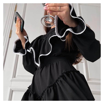 Horn Sleeve Ruffle Hem Mini Dress
