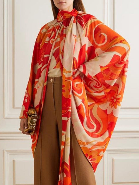 Batwing Sleeves Loose Bandage Contrast Color Floral Printed Blouses&Shirts Tops