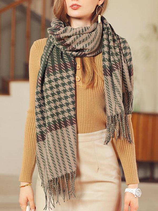 Houndstooth Plaid Tasseled Shawl&Scarf