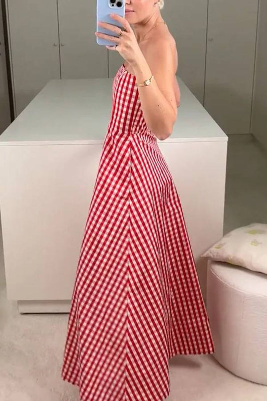 Red Strapless Plaid Dress