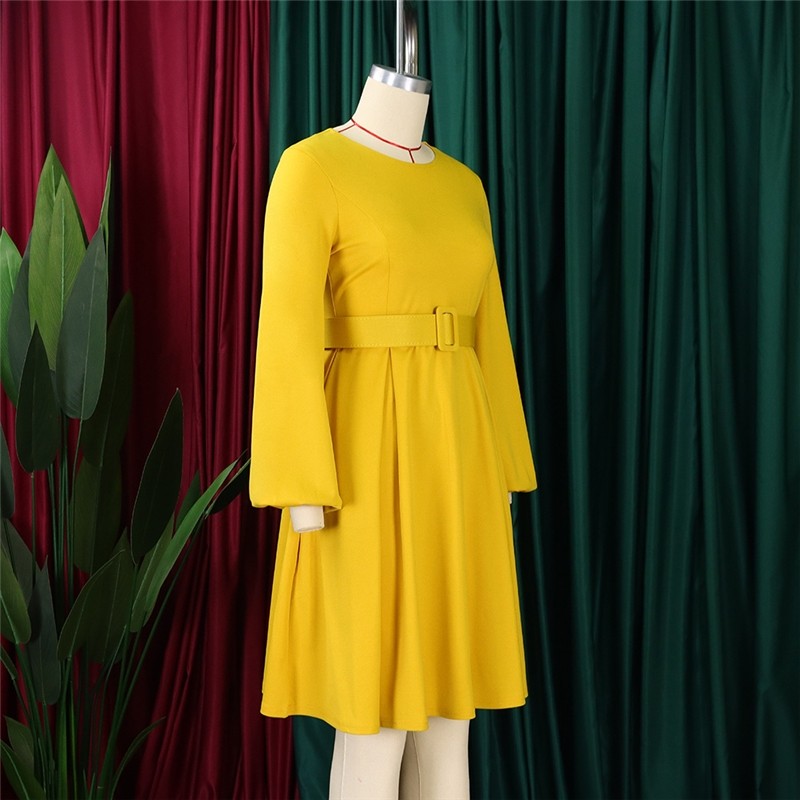 Solid Color Long Sleeve Round Neck Dress With Belt