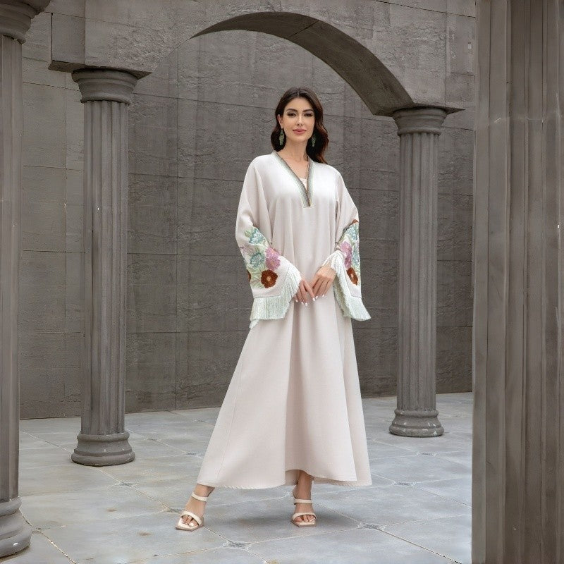 V Neck Embroidered Fringe Muslim Robe