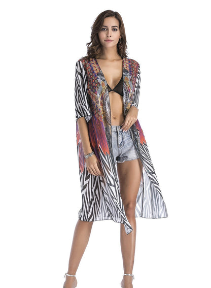 4 Pattern Beach Bikini Outer Cover Chiffon Print Middle Sleeve Shirt Boho Style