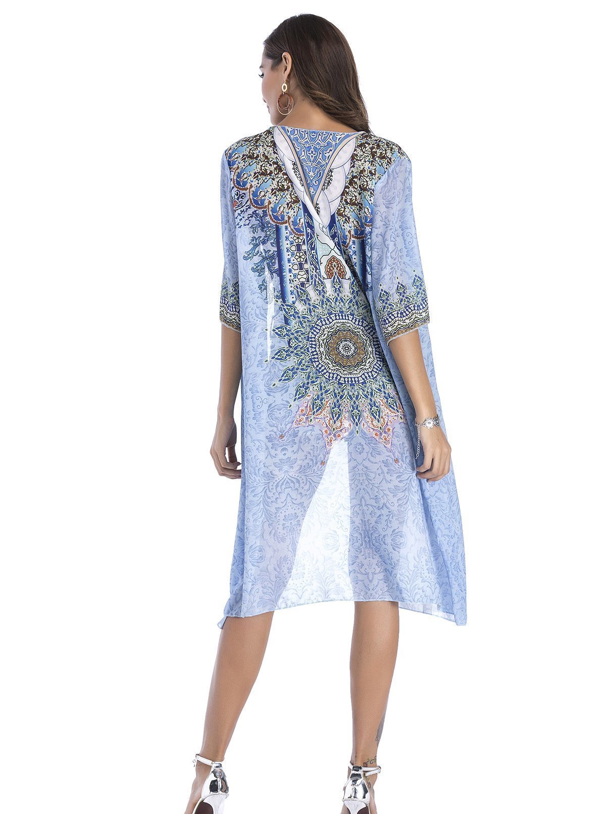 4 Pattern Beach Bikini Outer Cover Chiffon Print Middle Sleeve Shirt Boho Style