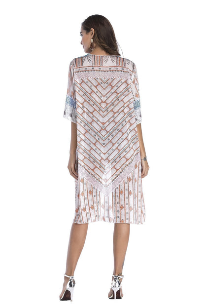 4 Pattern Beach Bikini Outer Cover Chiffon Print Middle Sleeve Shirt Boho Style