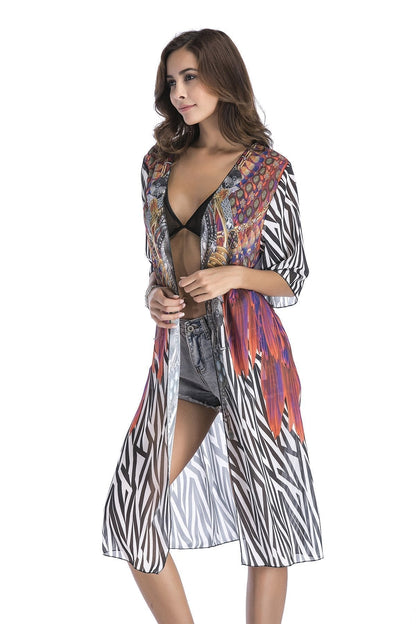 4 Pattern Beach Bikini Outer Cover Chiffon Print Middle Sleeve Shirt Boho Style