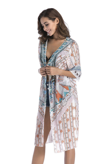 4 Pattern Beach Bikini Outer Cover Chiffon Print Middle Sleeve Shirt Boho Style