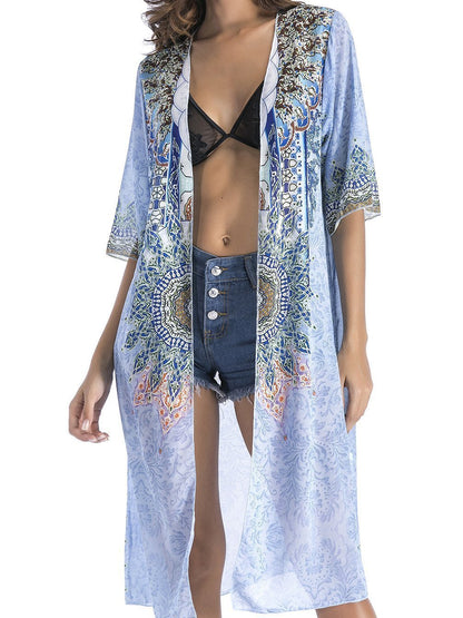 4 Pattern Beach Bikini Outer Cover Chiffon Print Middle Sleeve Shirt Boho Style