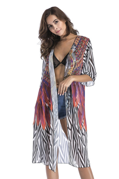 4 Pattern Beach Bikini Outer Cover Chiffon Print Middle Sleeve Shirt Boho Style