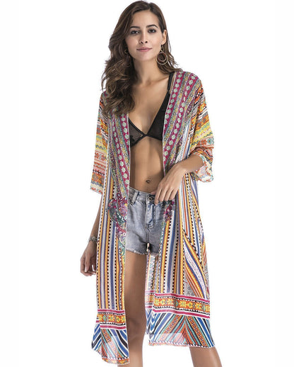 4 Pattern Beach Bikini Outer Cover Chiffon Print Middle Sleeve Shirt Boho Style