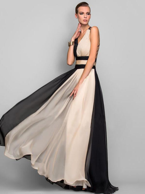 Two-Color Sleeveless V-Neck Maxi Evening Dress