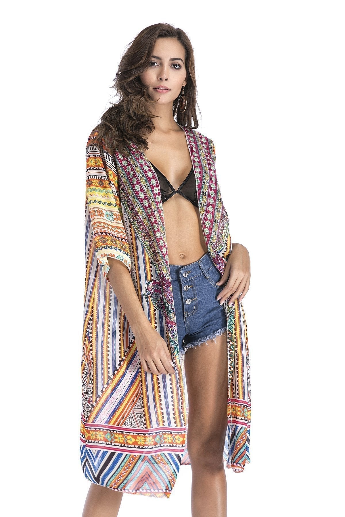 4 Pattern Beach Bikini Outer Cover Chiffon Print Middle Sleeve Shirt Boho Style