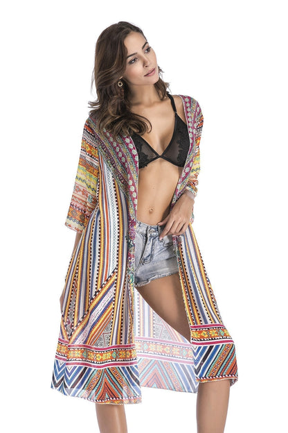 4 Pattern Beach Bikini Outer Cover Chiffon Print Middle Sleeve Shirt Boho Style
