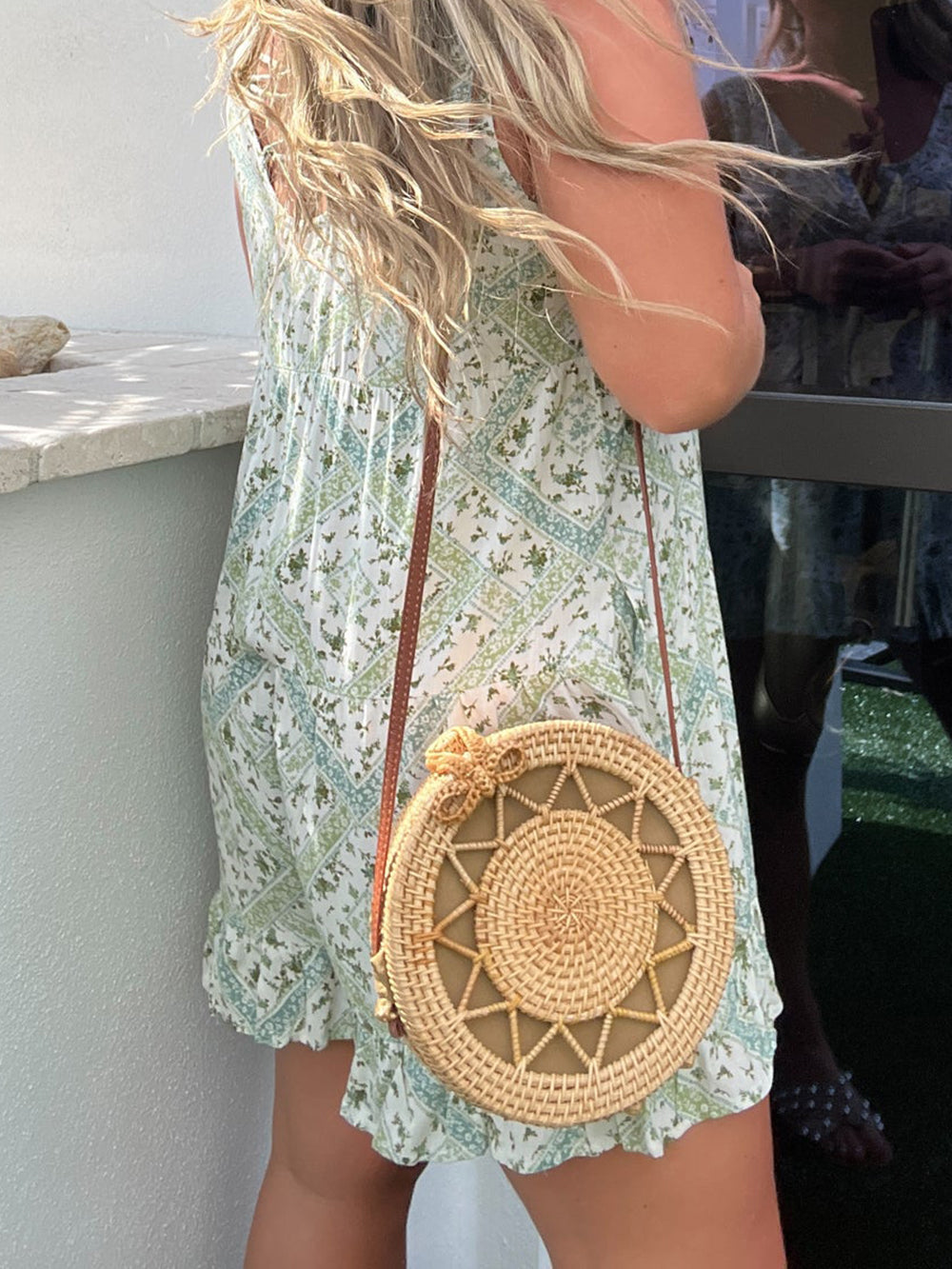 Round Rattan Bag With Sunburst Pattern