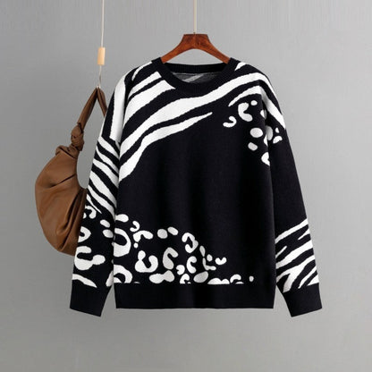 Leopard Print Long Sleeve Crew Neck Loose Sweater