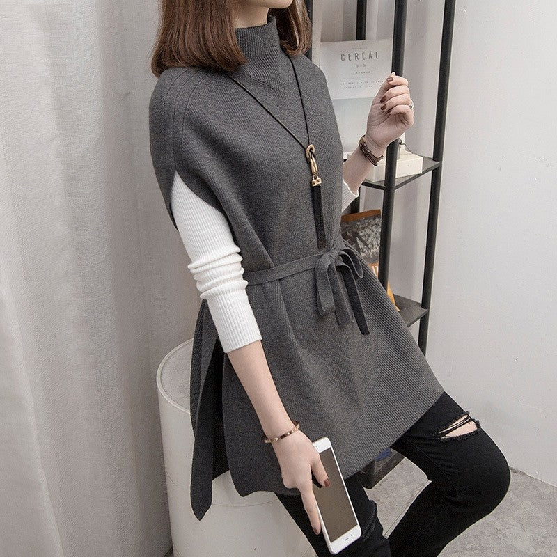 Half Turtleneck Solid Color Sleeveless Bandage Casual Loose Knitted Vest
