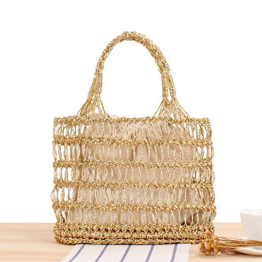 Crochet Market Bag Gold Silver Thread Hollow Woven Bag