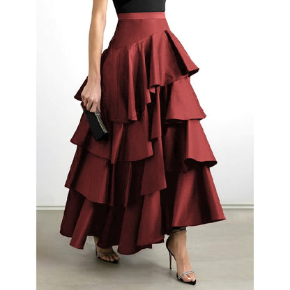 A-Line High Waisted Falbala Solid Color Long Skirts