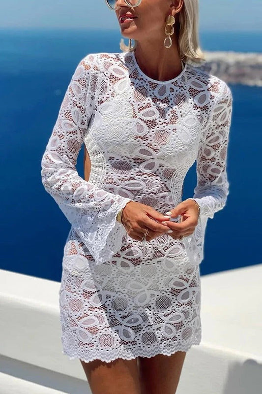Santorini Sunset Floral Lace Long Sleeve Backless Tie-up Vacation Mini Dress