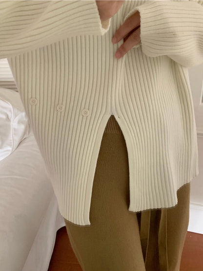 Urban Long Sleeves Split-Side Solid Color High-Neck Sweater Tops Pullovers