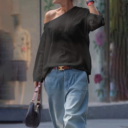 Long Sleeves Loose Solid Color One-Shoulder T-Shirts Tops