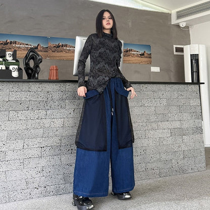 Patchwork Wide Leg Pants With Large Pockets